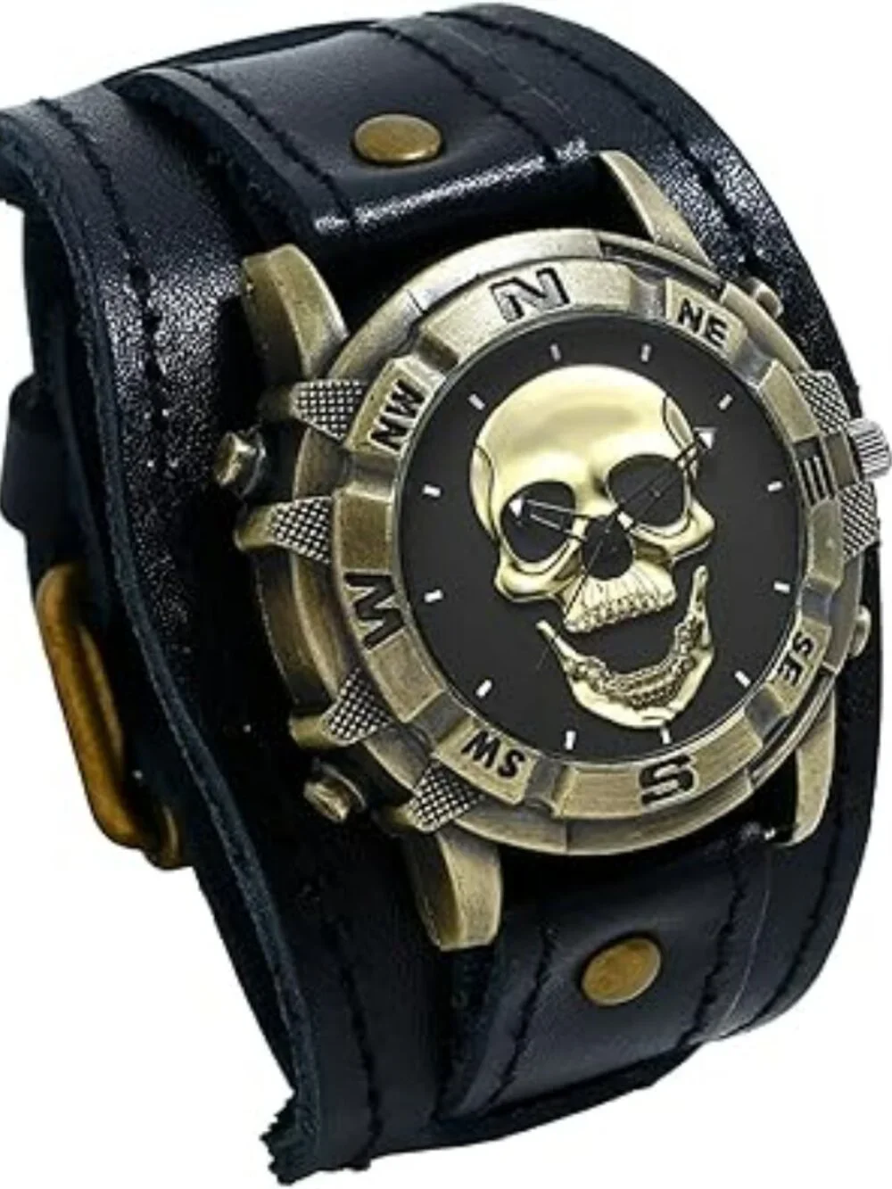 Men's Leather‎ Skull Watch Black Cuff Style Punk Goth Rock Wide Band NEW